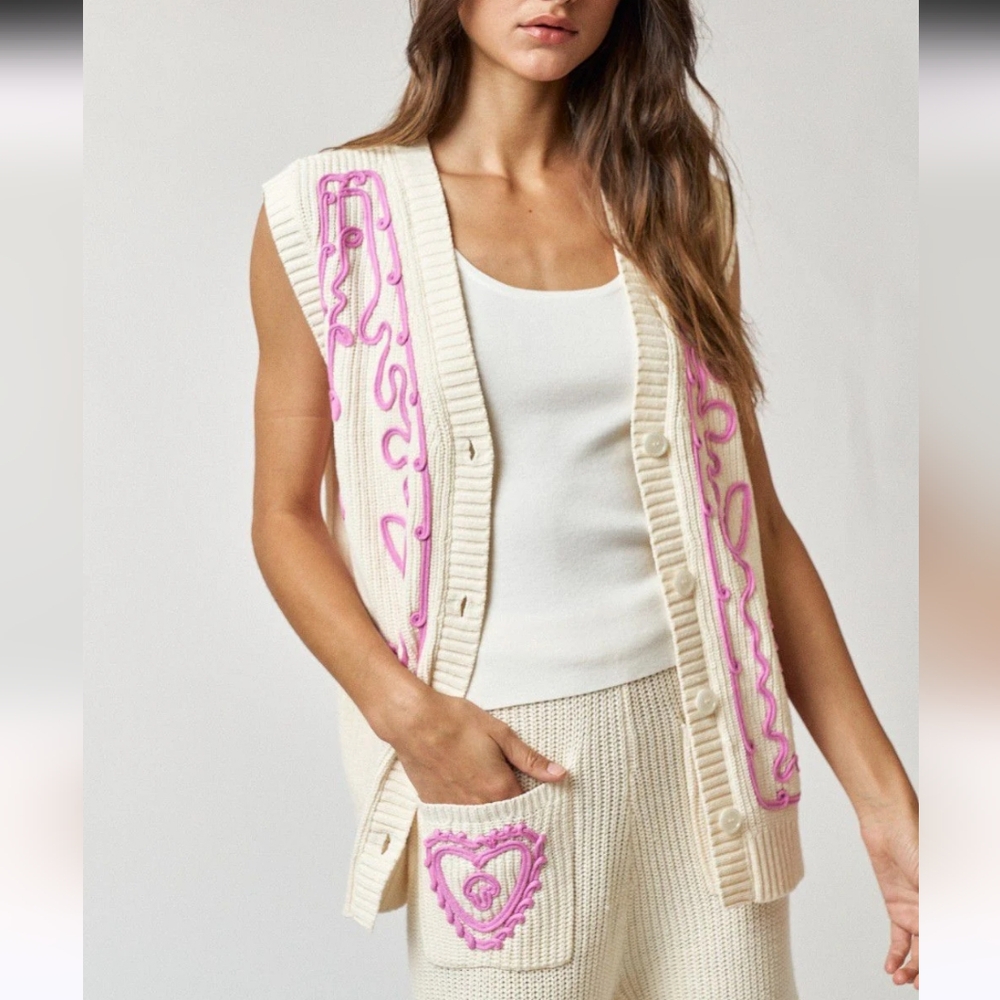 Lalavon NWT Women's Cream and Pink Embroidered V Neck Button Front Sweater Vest - Picture 4 of 14